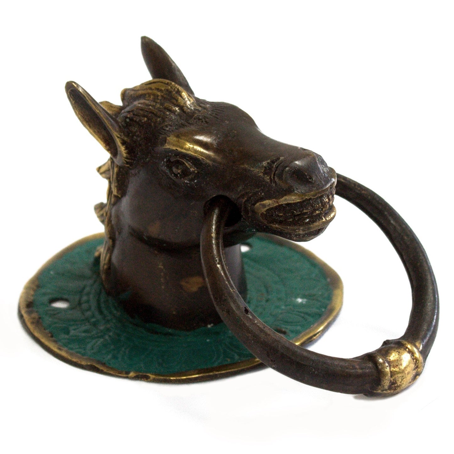 Brass Door Knocker - Horse's Head, 7 × 9.5 × 14cm with profile view, upright ears, turquoise circular plate and dark ring by Quintessential Holistic Health Ltd