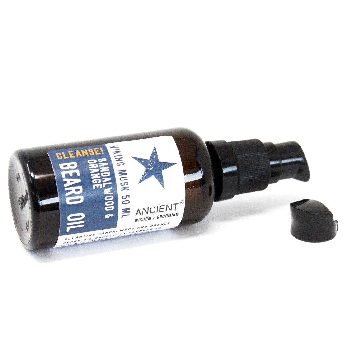 Viking Musk Cleanse Pure and Natural Beard Oil - 50ml, amber pump bottle lying horizontally beside its detached black cap, by Quintessential Holistic Health Ltd