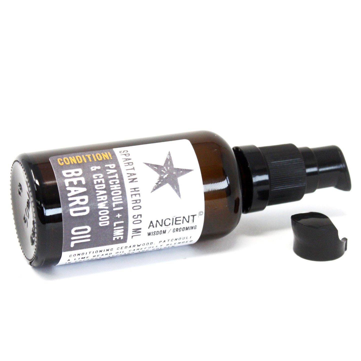 Spartan Hero Condition Pure and Natural Beard Oil - 50ml, amber pump bottle lying horizontally beside its detached black cap, by Quintessential Holistic Health Ltd