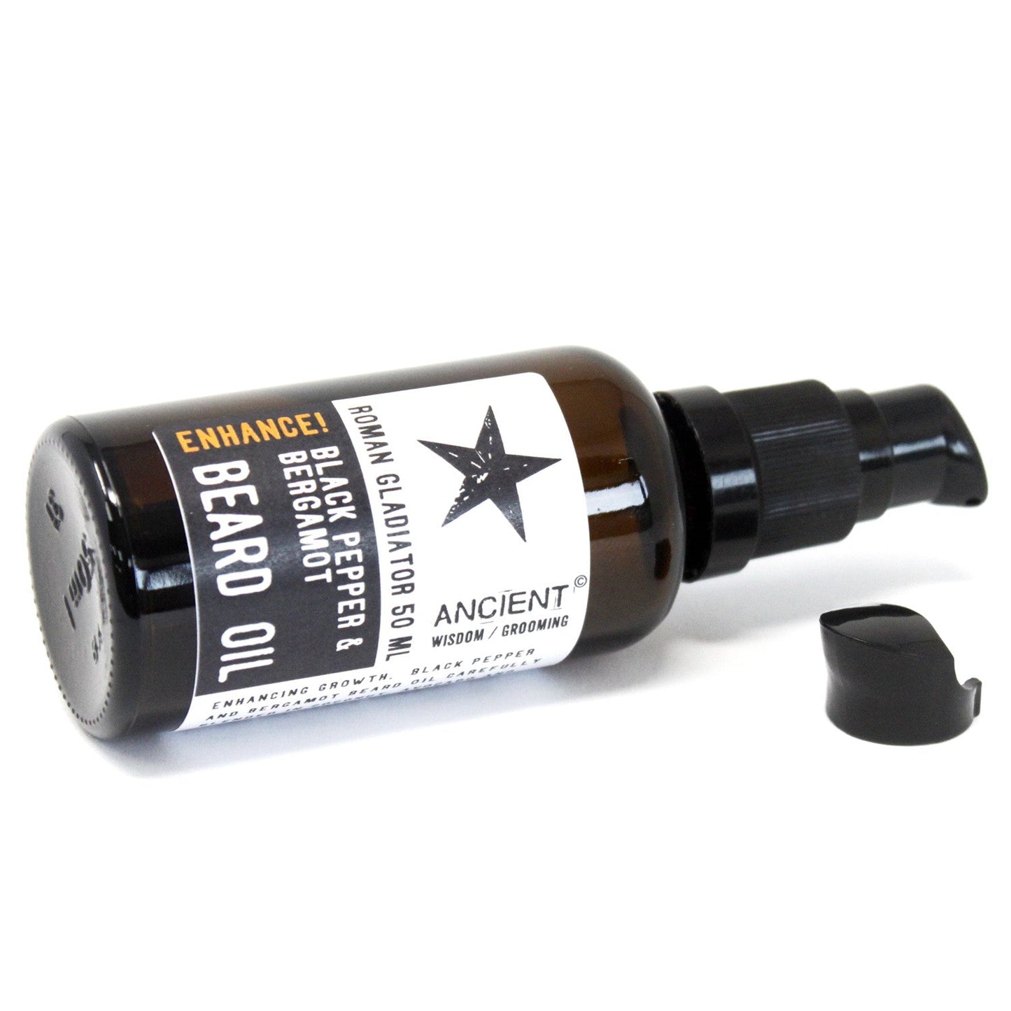 Roman Gladiator Enhance Pure and Natural Beard Oil - 50ml, amber pump bottle lying horizontally beside its detached black cap, by Quintessential Holistic Health Ltd