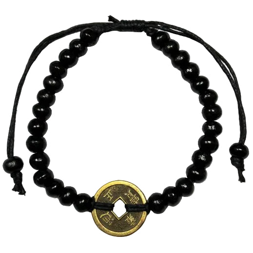 Black Wood-Bead Feng Shui Good Luck Bracelet, with glossy black beads, black adjustable cords and a round coin charm by Quintessential Holistic Health Ltd
