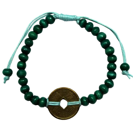 Feng Shui Good Luck Bracelet - Green, with dark green beads, pale turquoise adjustable cords and a round coin charm by Quintessential Holistic Health Ltd