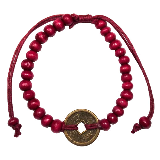 Feng Shui Good Luck Bracelet - Red, with deep red beads, matching adjustable cords and a round coin charm by Quintessential Holistic Health Ltd