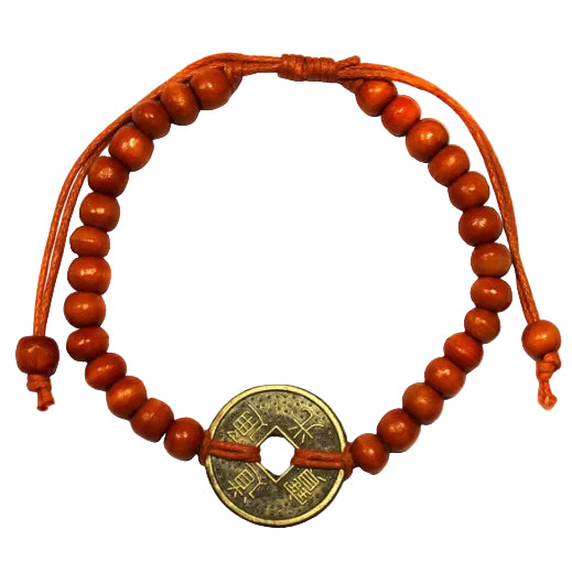 Feng Shui Good Luck Bracelet - Orange, with orange beads, matching adjustable cords and a round coin charm by Quintessential Holistic Health Ltd