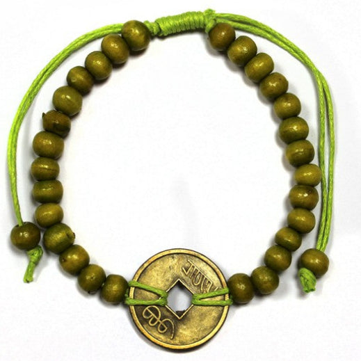 Feng Shui Good Luck Bracelet - Lime Green, with olive-green beads, bright lime cords and a round coin charm by Quintessential Holistic Health Ltd