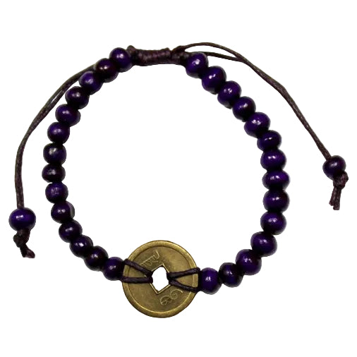 Feng Shui Good Luck Bracelet - Purple, with glossy purple beads, dark adjustable cords and a round coin charm by Quintessential Holistic Health Ltd