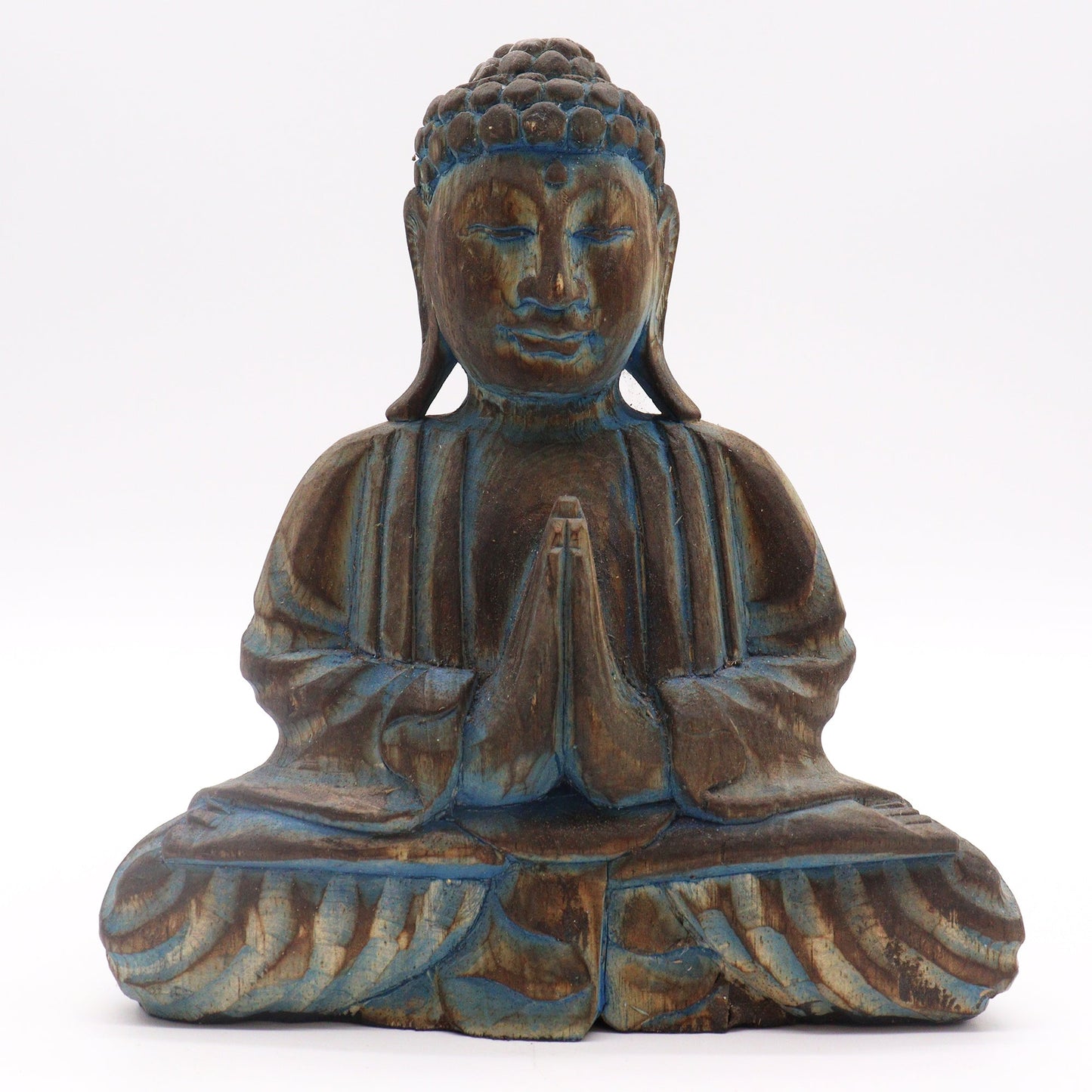 Albasia Wood Buddha Feng Shui Set - Flower Mandala - Blue close-up of the blue and brown seated Buddha with hands together by Quintessential Holistic Health Ltd
