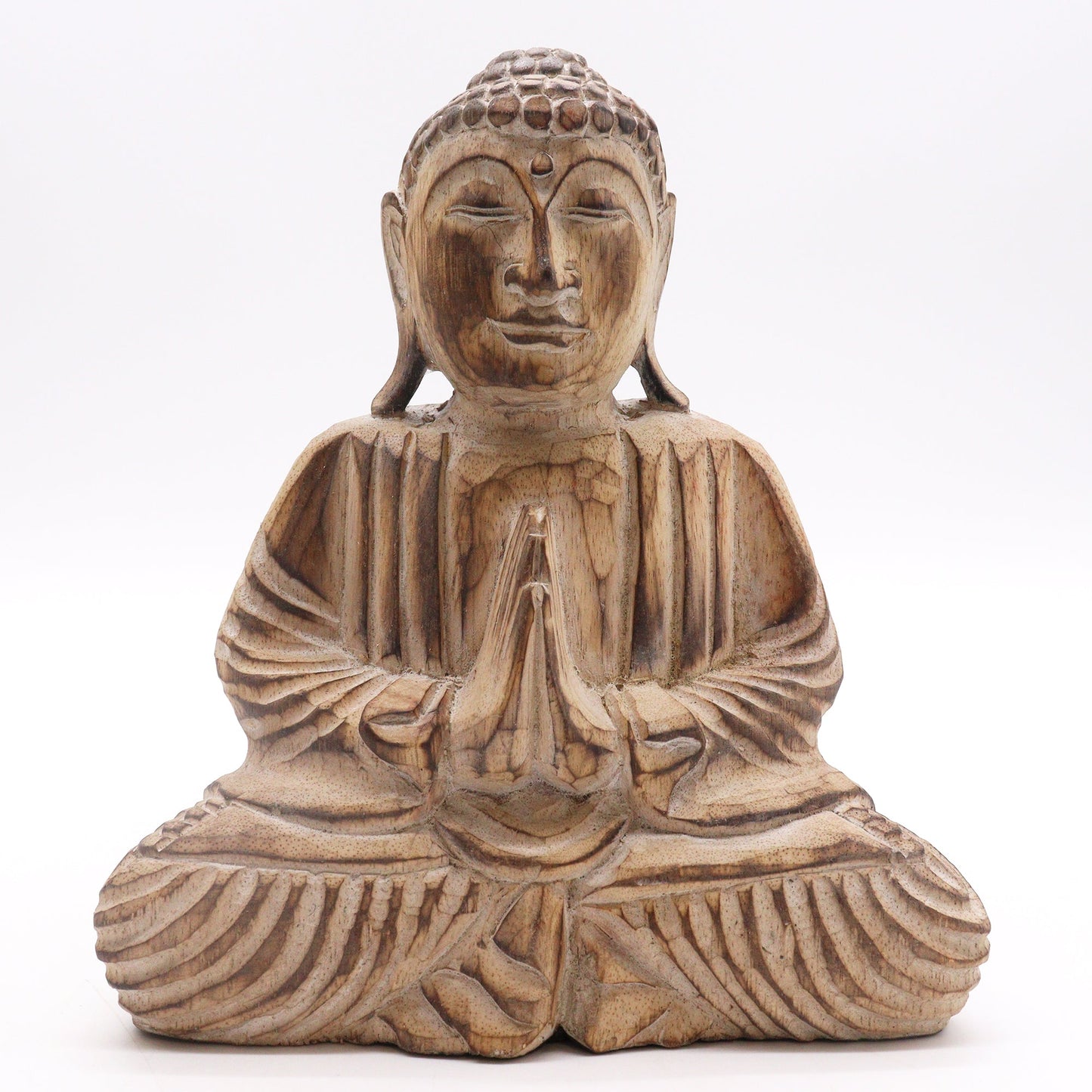 Albasia Wood Buddha Feng Shui Set - Classic Mandala - Natural, seated Buddha with hands together and carved robe folds by Quintessential Holistic Health Ltd