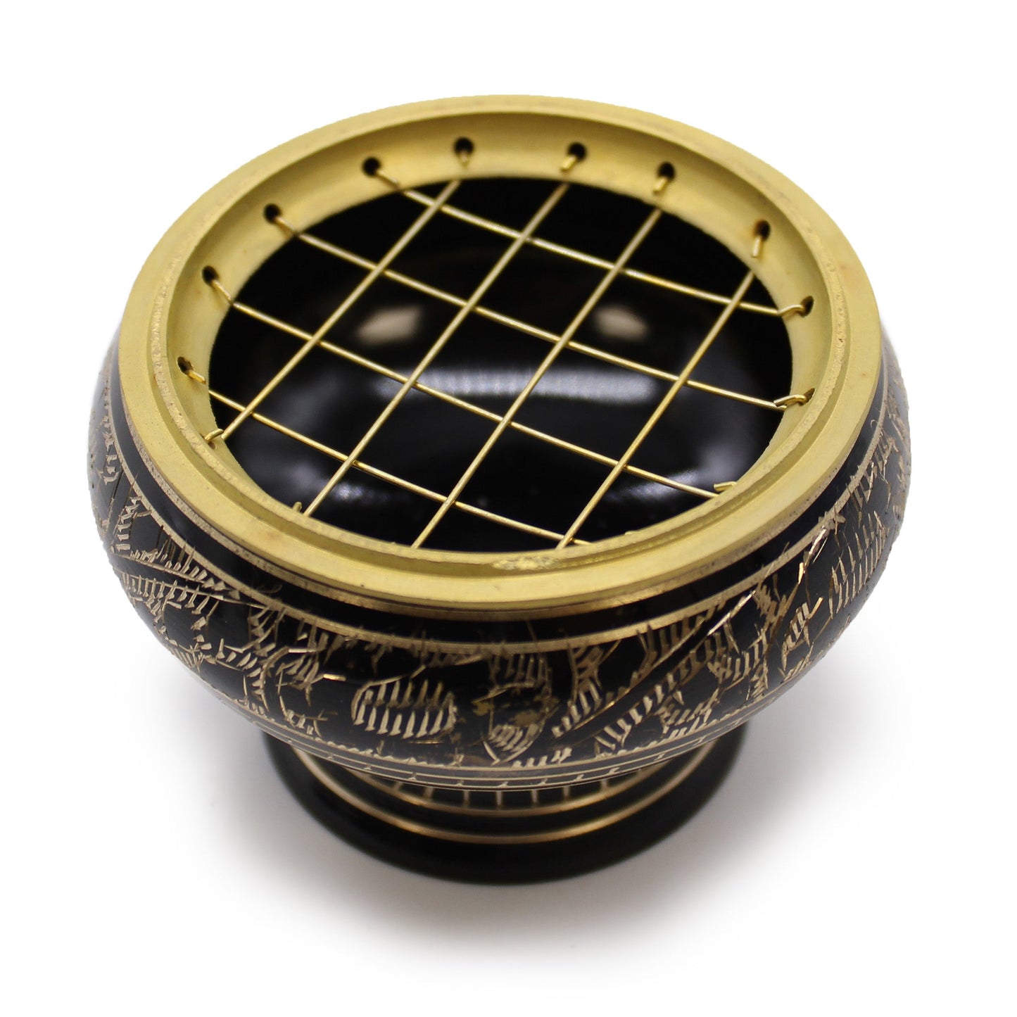 Tall Handmade Brass Charcoal Burner Jar - Engraved with a black bowl, flared base and gold-tone criss-cross lattice lid, by Quintessential Holistic Health Ltd