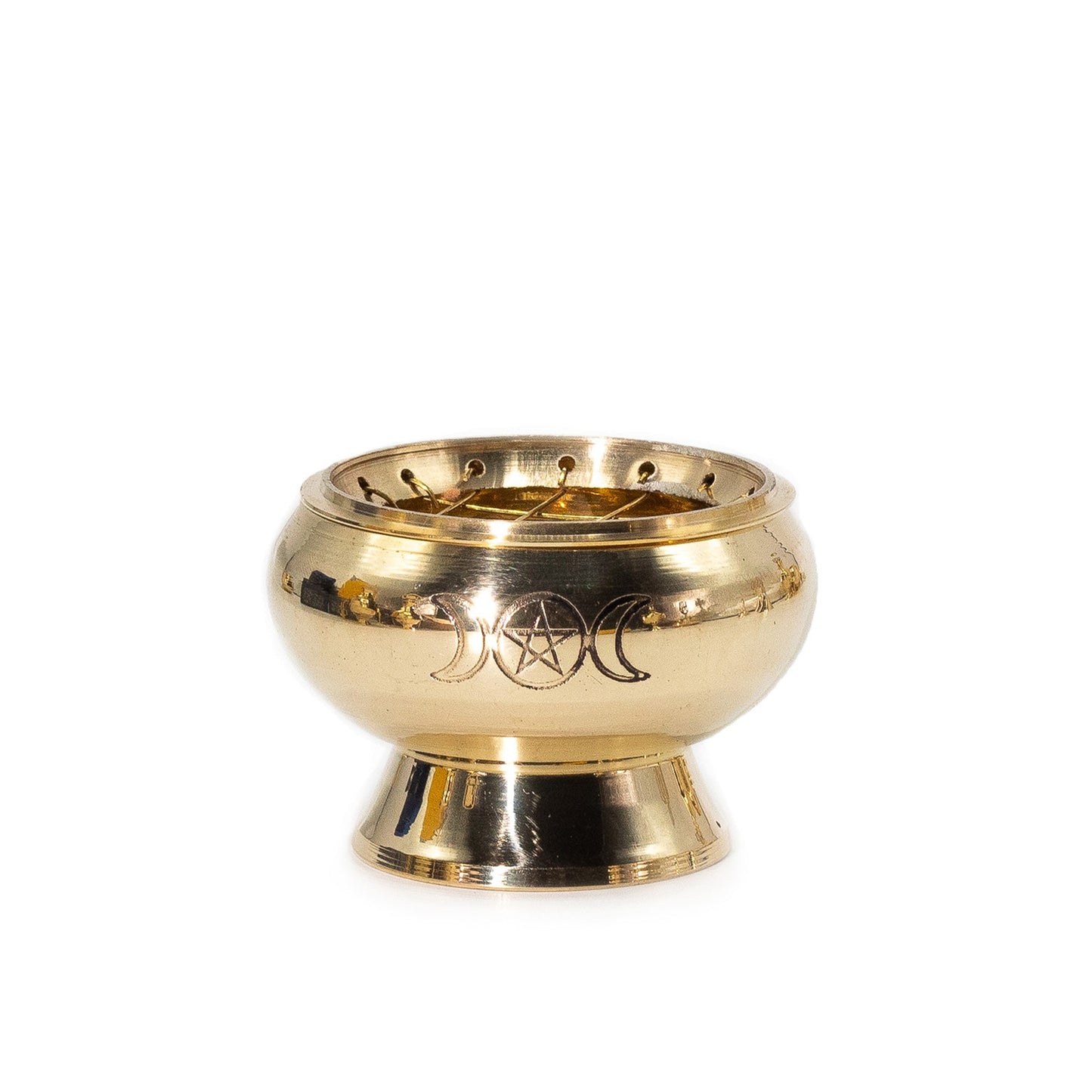 Handmade Brass Charcoal Incense Jar - Triple Moon and Pentagram, small polished gold bowl with a pierced rim and black engraved symbols, by Quintessential Holistic Health Ltd