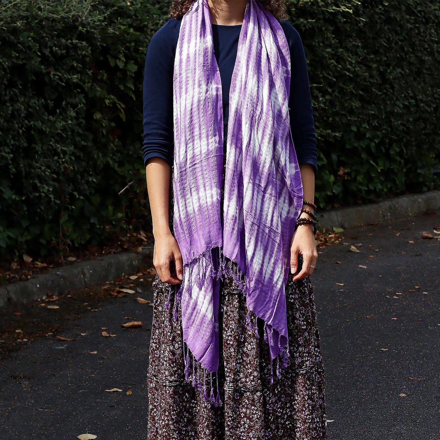 Boho Java Art Scarf / Shawl - Lavender and White Stripes product packaging on clean background from Quintessential Holistic Health Ltd