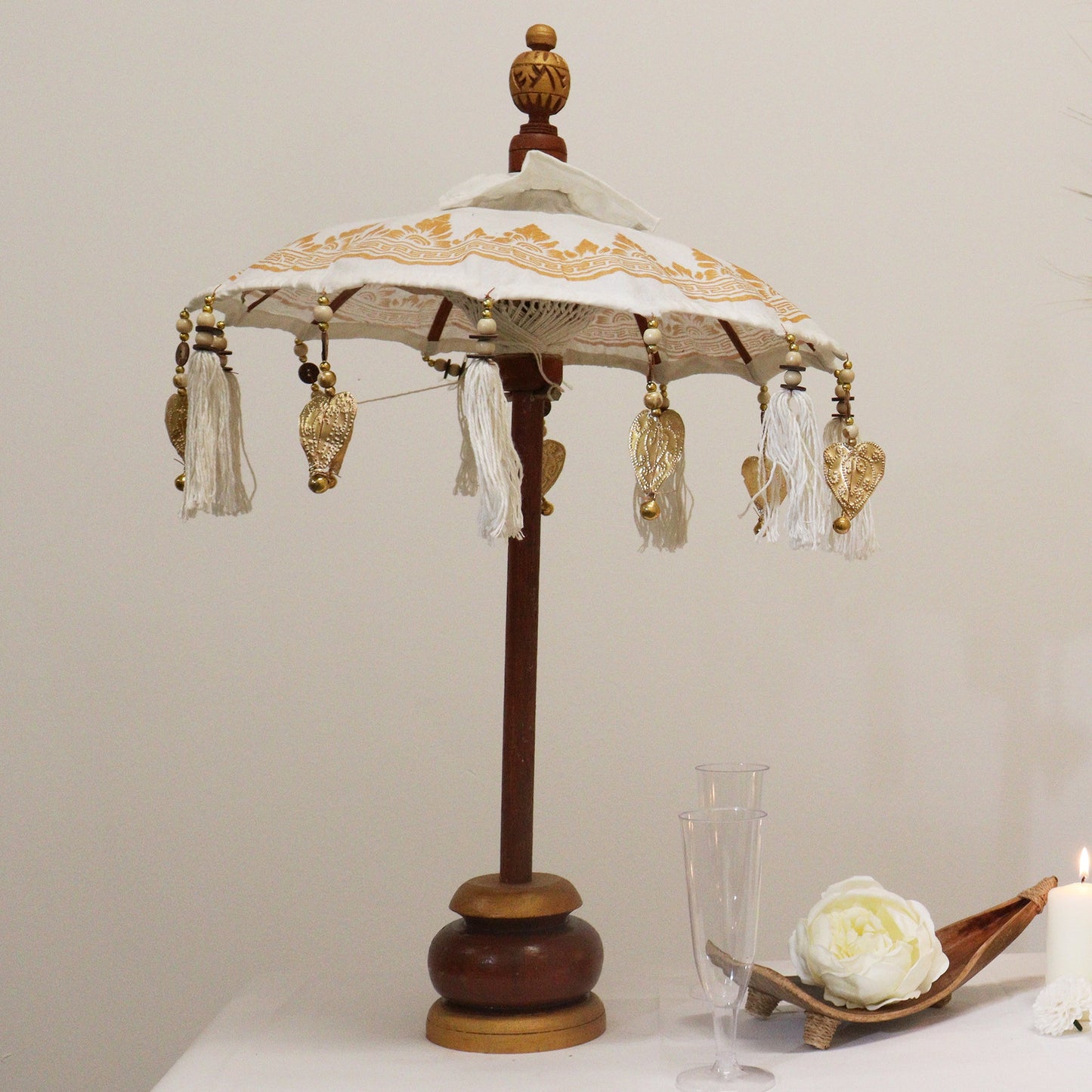 Handcrafted Indoor Parasol with Stand - Small - Natural & Gold with a round wooden base, tassels and hanging ornaments by Quintessential Holistic Health Ltd