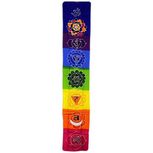 Rayon Batik Drop Banner - Chakra Rainbow, 183 × 35 cm with seven chakra symbols on rainbow-striped fabric by Quintessential Holistic Health Ltd