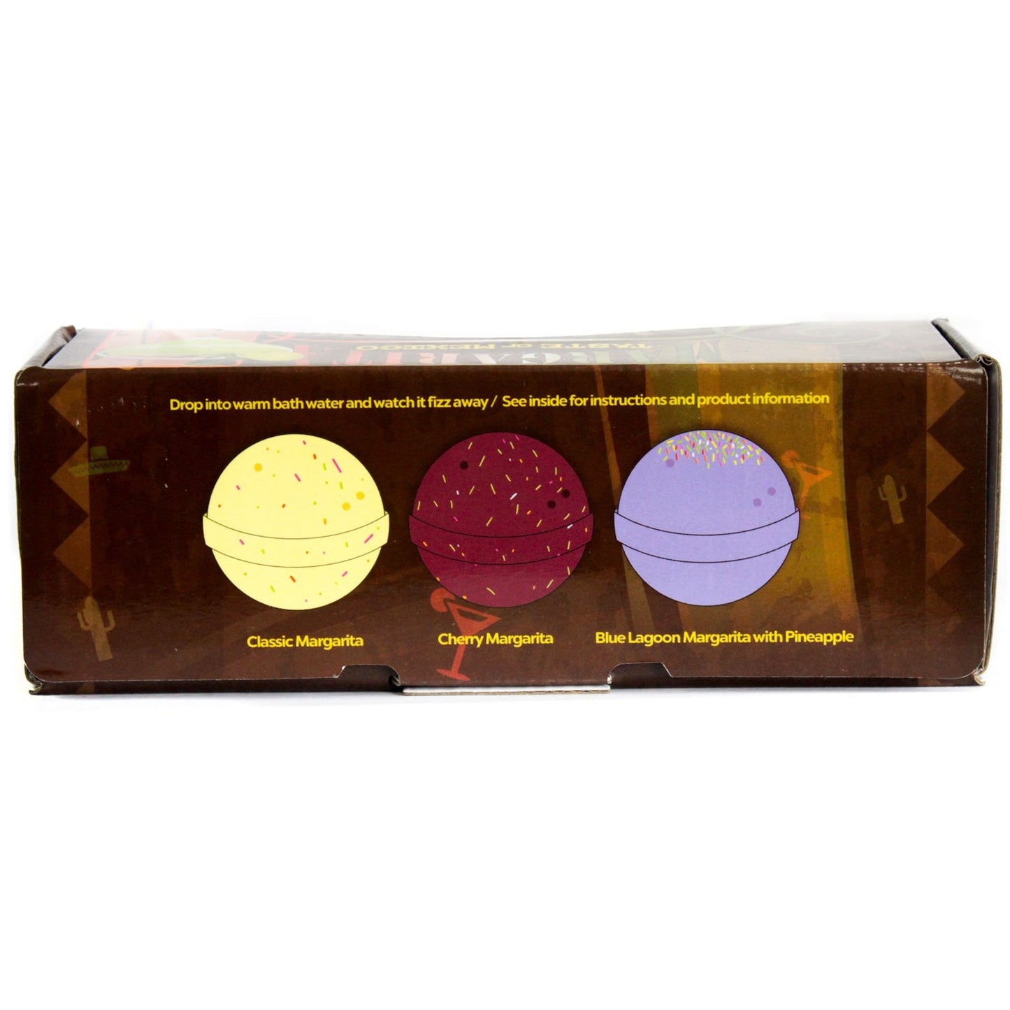 Set of Three Cocktail Bath Bombs - Margarita, brown box illustrated with yellow, dark pink and purple spheres by Quintessential Holistic Health Ltd