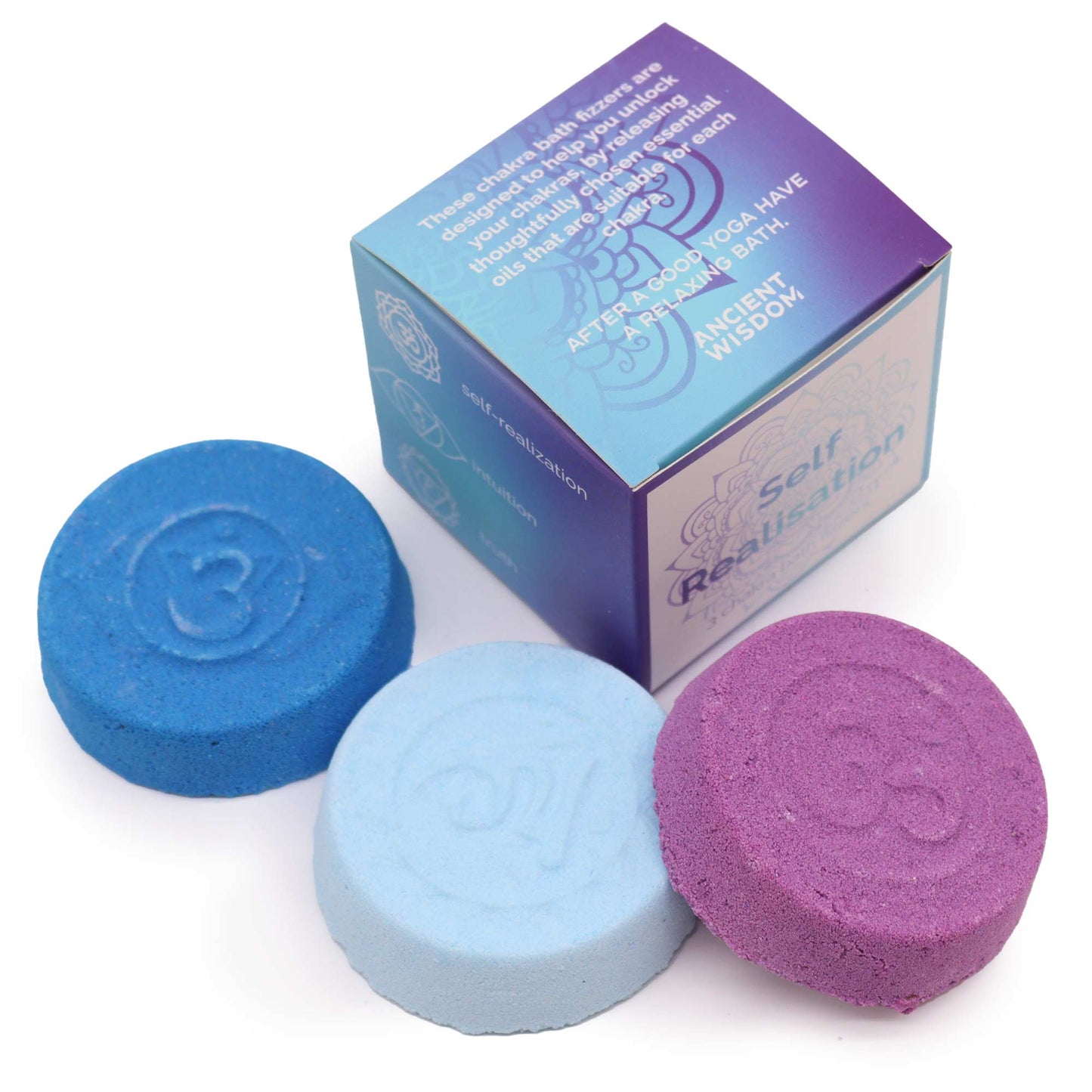 Chakra Bath Fizz - Self Realisation - Small, with blue, pale blue and purple chakra-symbol discs beside the box by Quintessential Holistic Health Ltd