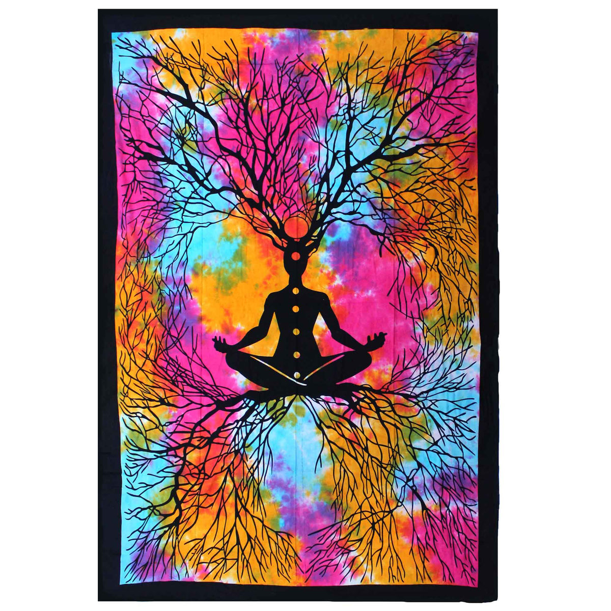 Cotton Wall Hanging or Bedspread - Single - Yoga Tree with a meditating figure beneath a black tree silhouette on rainbow colours by Quintessential Holistic Health Ltd