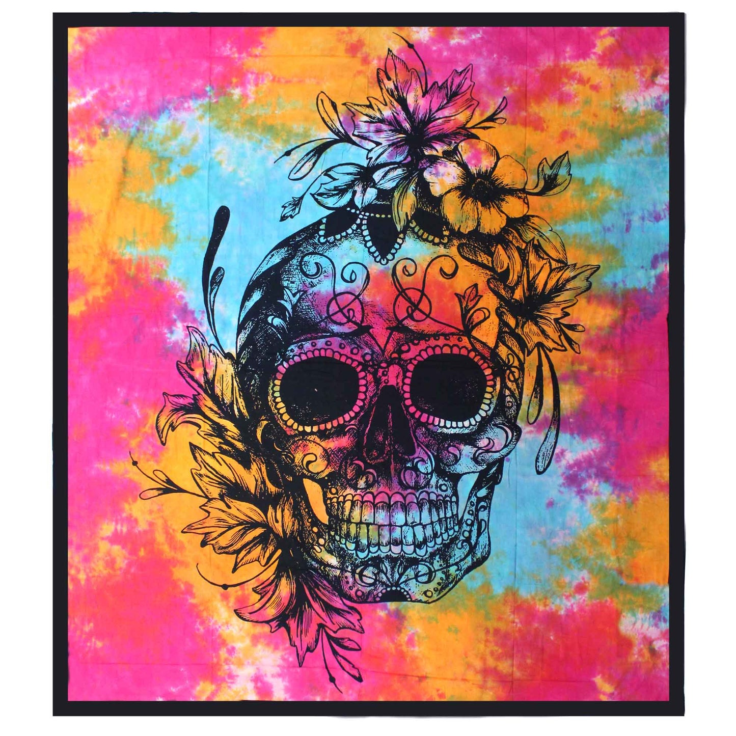 Cotton Wall Hanging or Bedspread - Double - Day of the Dead Skull with flowers on a vivid pink, blue and yellow field by Quintessential Holistic Health Ltd