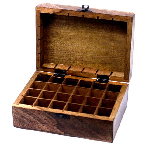 Mango Wood Hand Carved Aromatherapy Essential Oil Box - Floral Design for 24 Bottles