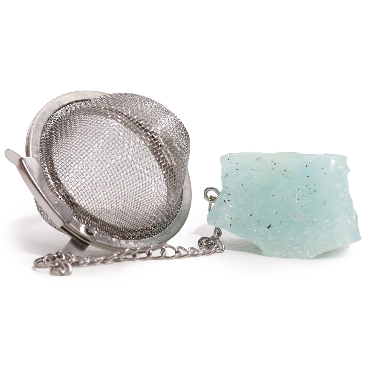 Raw Crystal Gemstone Tea Strainer with Aquamarine for MENTAL CLARITY product packaging on clean background from Quintessential Holistic Health Ltd