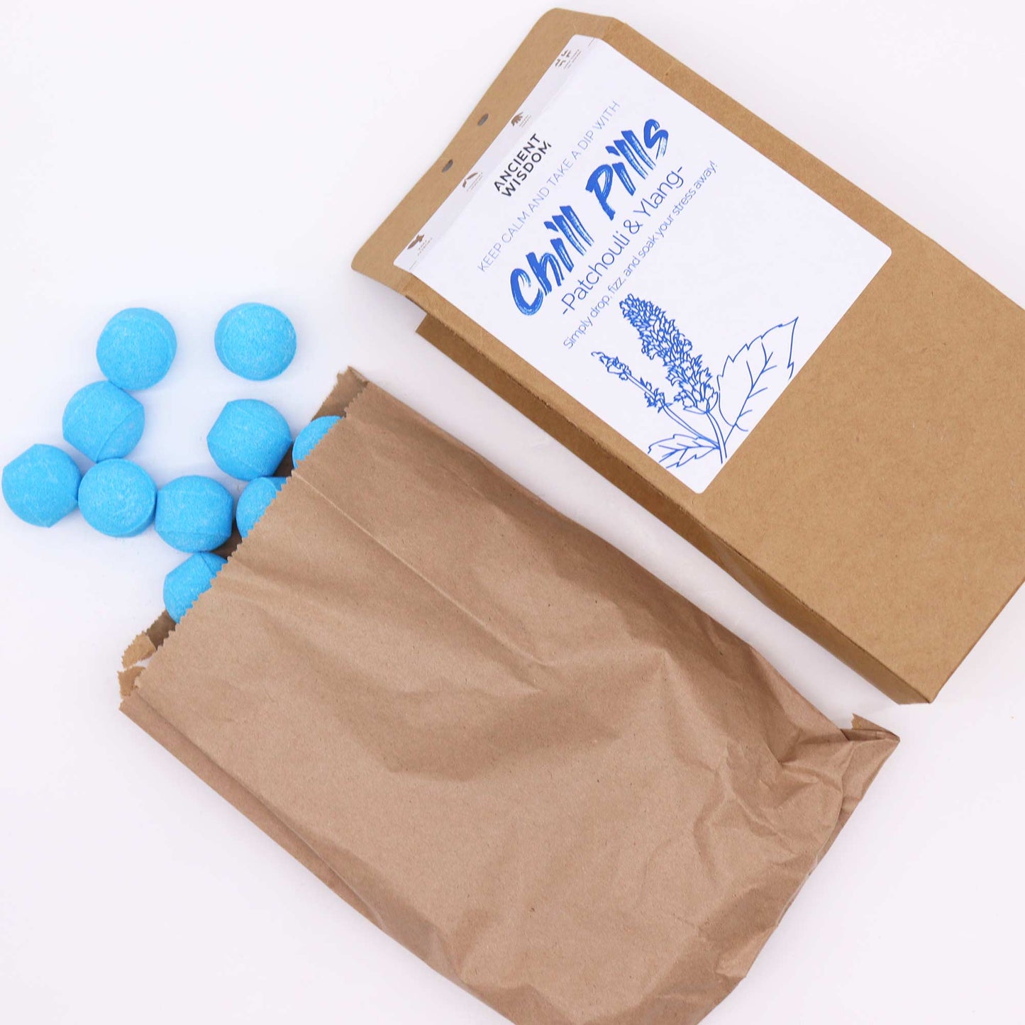 350g Handmade Vegan-Friendly Bath Bomb Chill Pills Gift Pack - Ylang and Patchouli product packaging on clean background from Quintessential Holistic Health Ltd