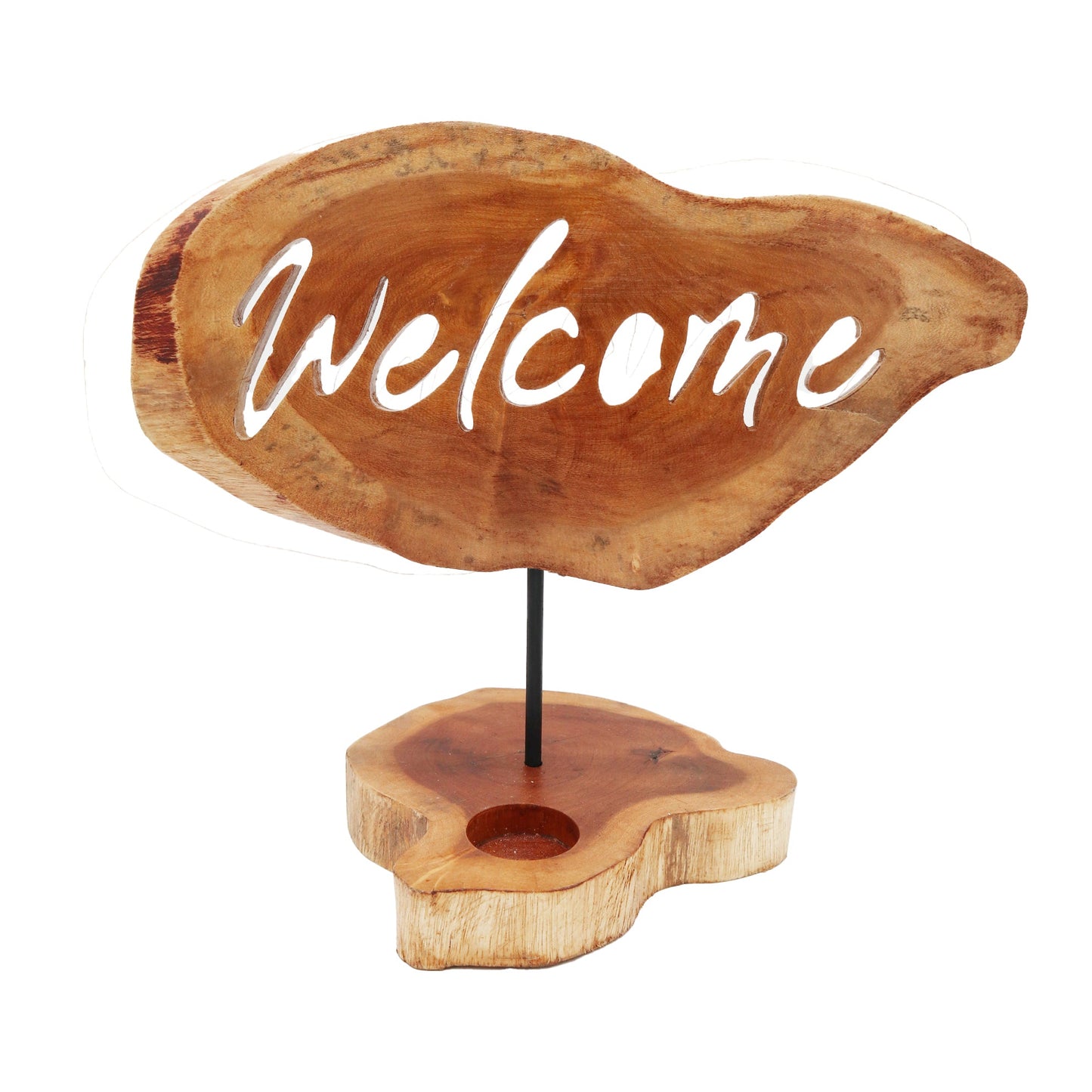 Handmade Wooden Tea Light Candle Holder Sign - Welcome with white script lettering, a metal stem and a round recess in the wooden base by Quintessential Holistic Health Ltd
