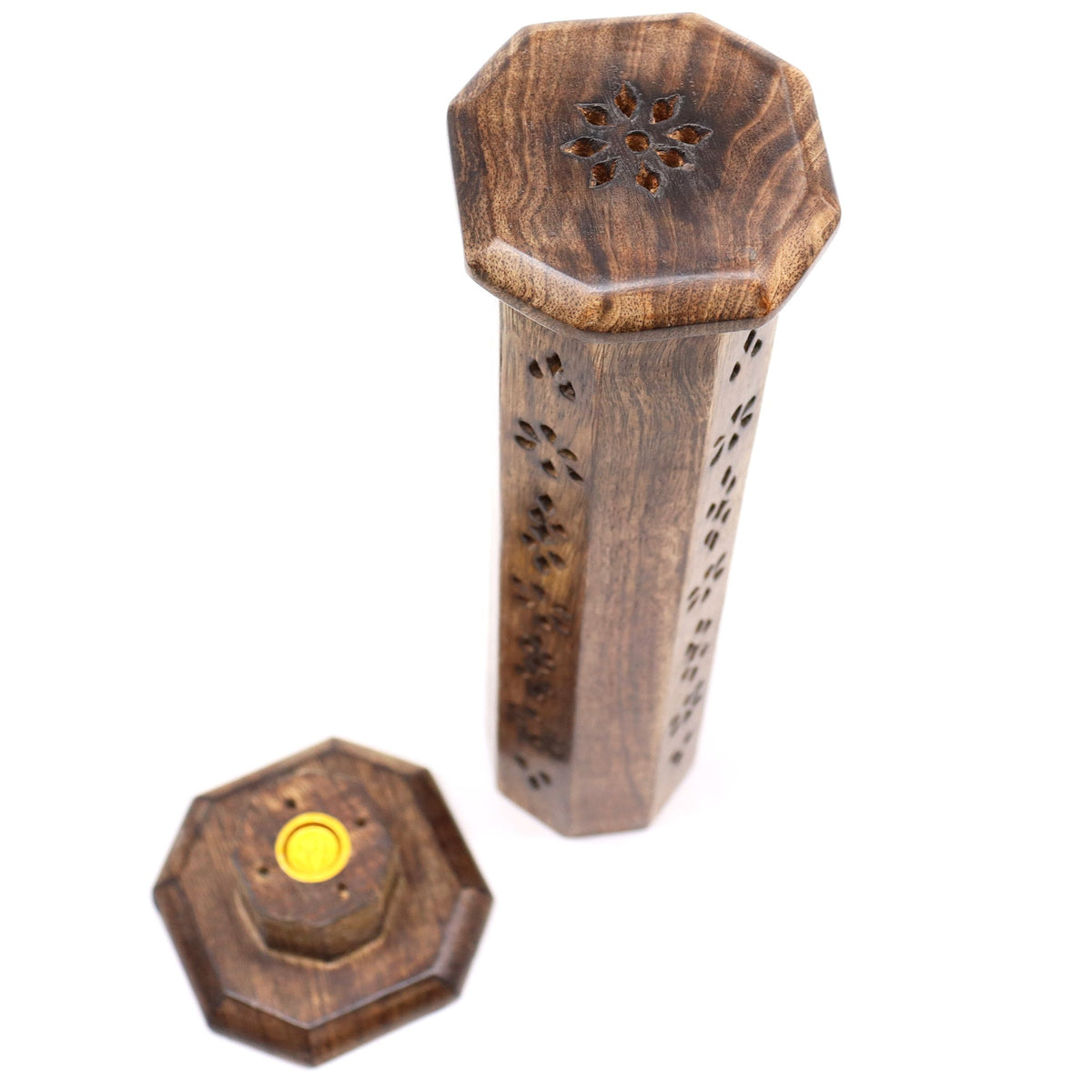 Mango Wood Hexagonal Incense Tower - 30 × 7.5 cm, one upright pierced tower beside a detached hexagonal holder viewed from above, by Quintessential Holistic Health Ltd