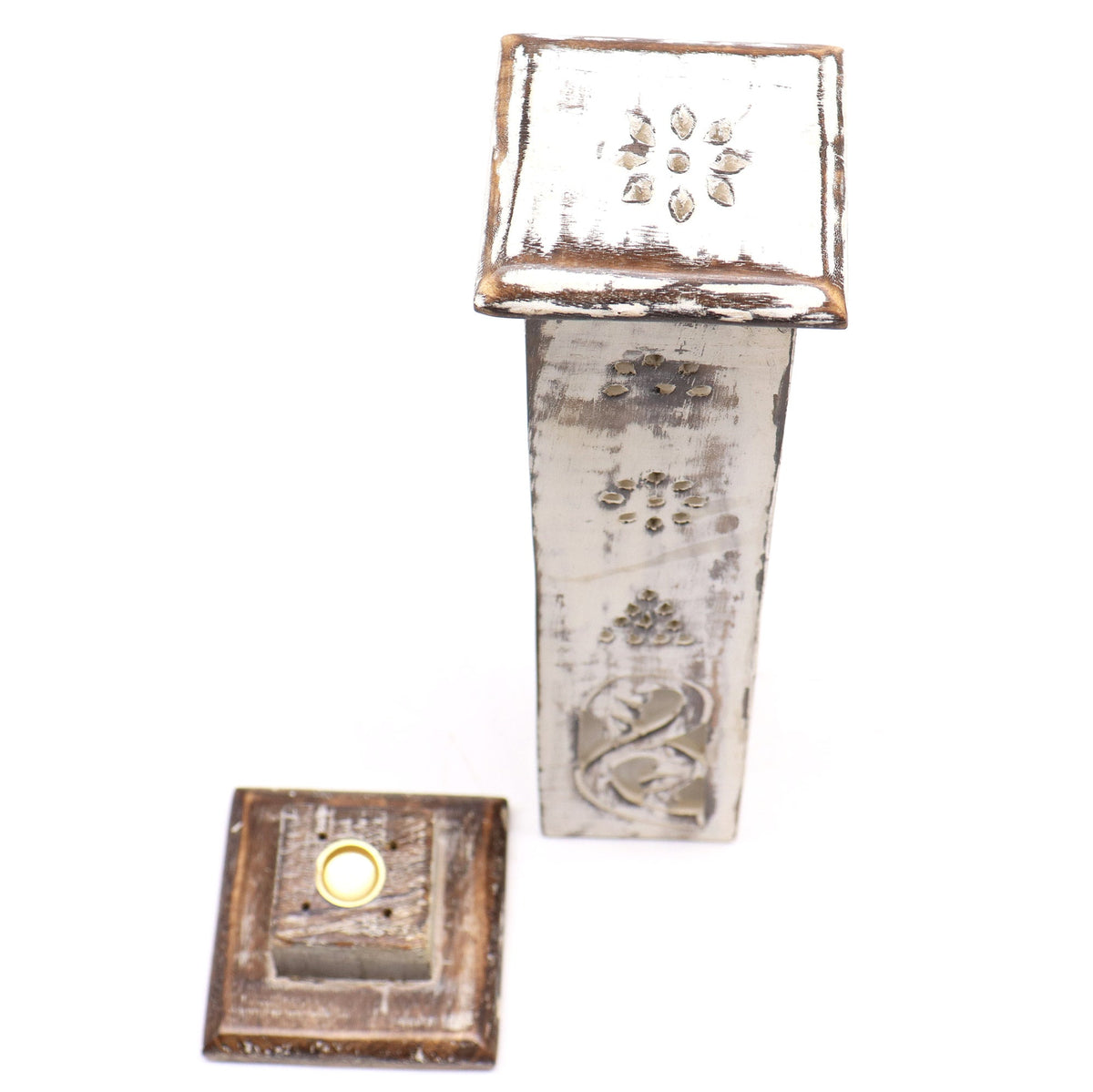 Papdi Wood Square Incense Tower - Whitewash, one upright pierced tower beside a detached square base with a round brass-coloured fitting, by Quintessential Holistic Health Ltd