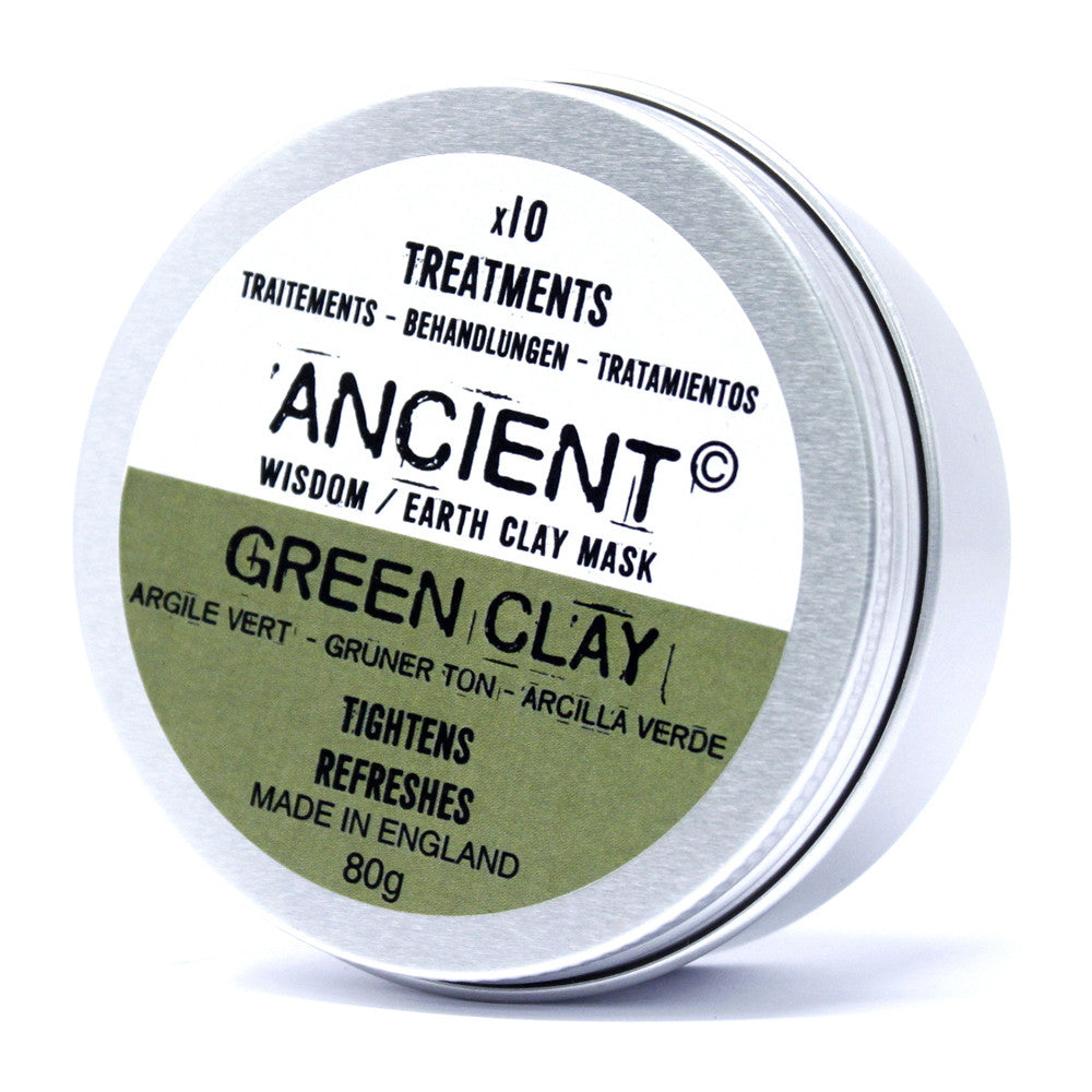 Natural Clay Face Mask - 80g - Green Illite Clay in a closed round silver tin with a green and white label by Quintessential Holistic Health Ltd