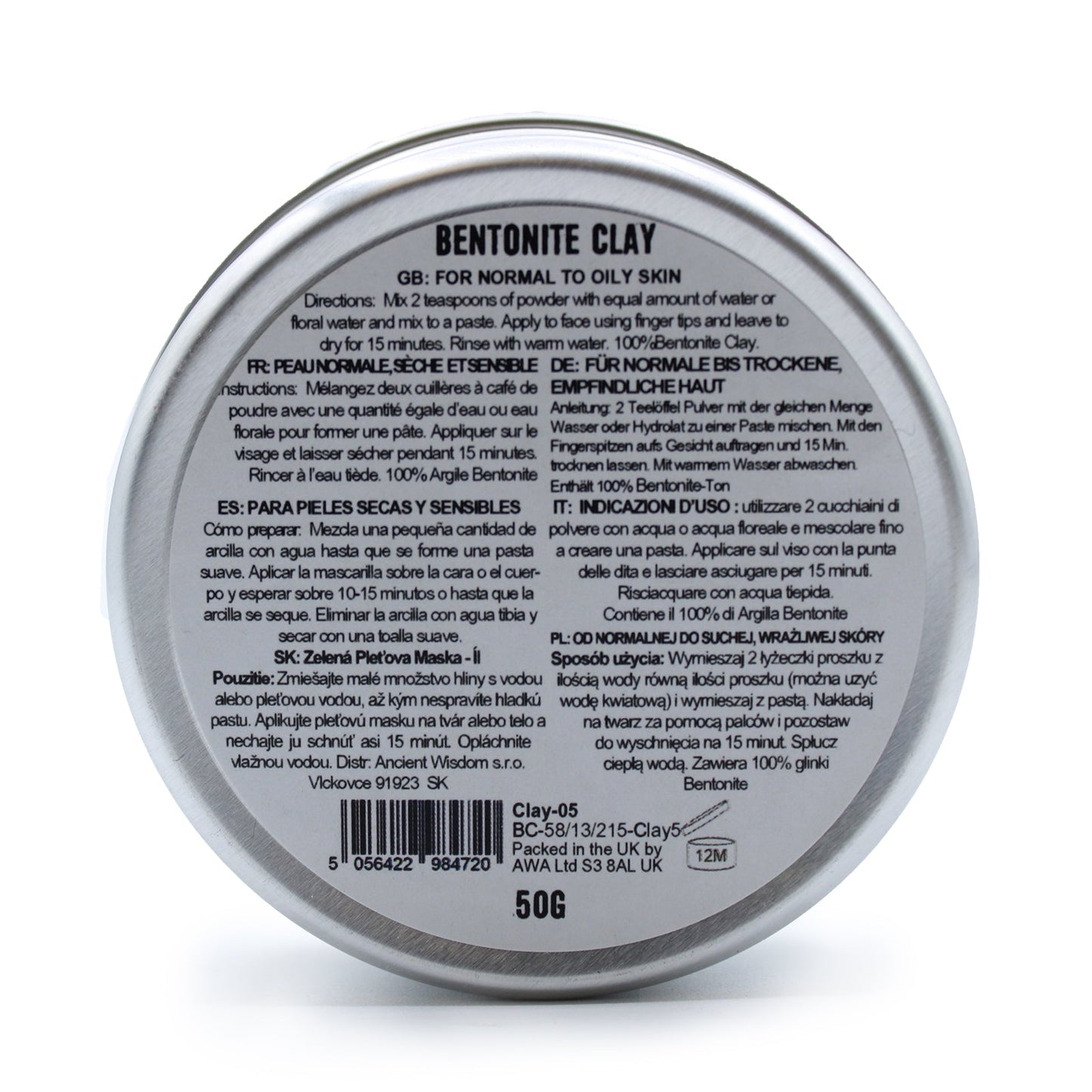 Natural Clay Face Mask - 50g - Bentonite Clay showing the densely printed base label of a round silver tin by Quintessential Holistic Health Ltd