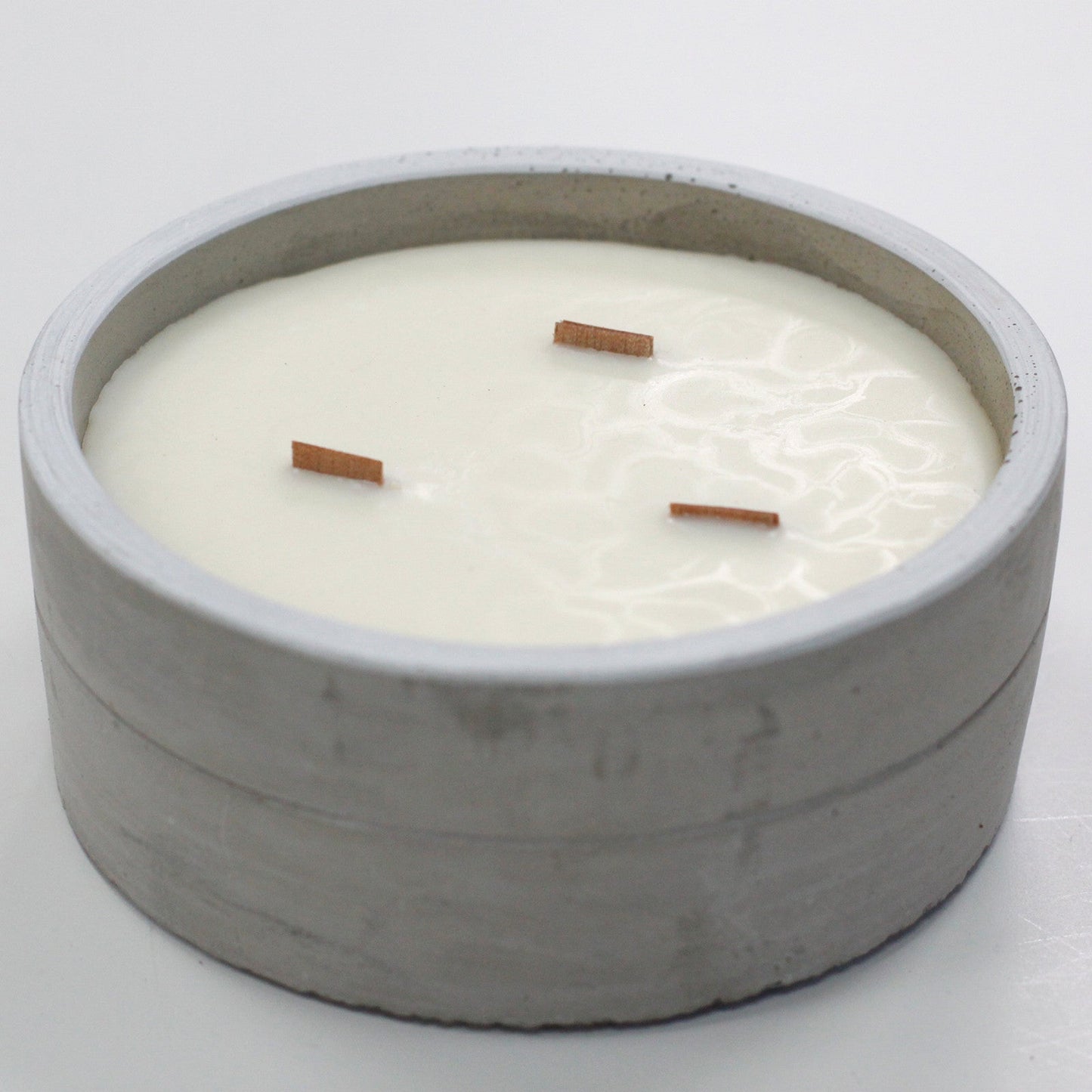 Concrete Wooden Wick Soy Candle Holder - Large / Round / Crushed Vanilla and Orange product packaging on clean background from Quintessential Holistic Health Ltd