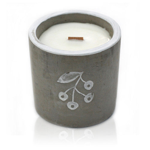 Concrete Wooden Wick Soy Candle Holder - Medium / Round / Berries / Juniper and Sweet Gin product packaging on clean background from Quintessential Holistic Health Ltd