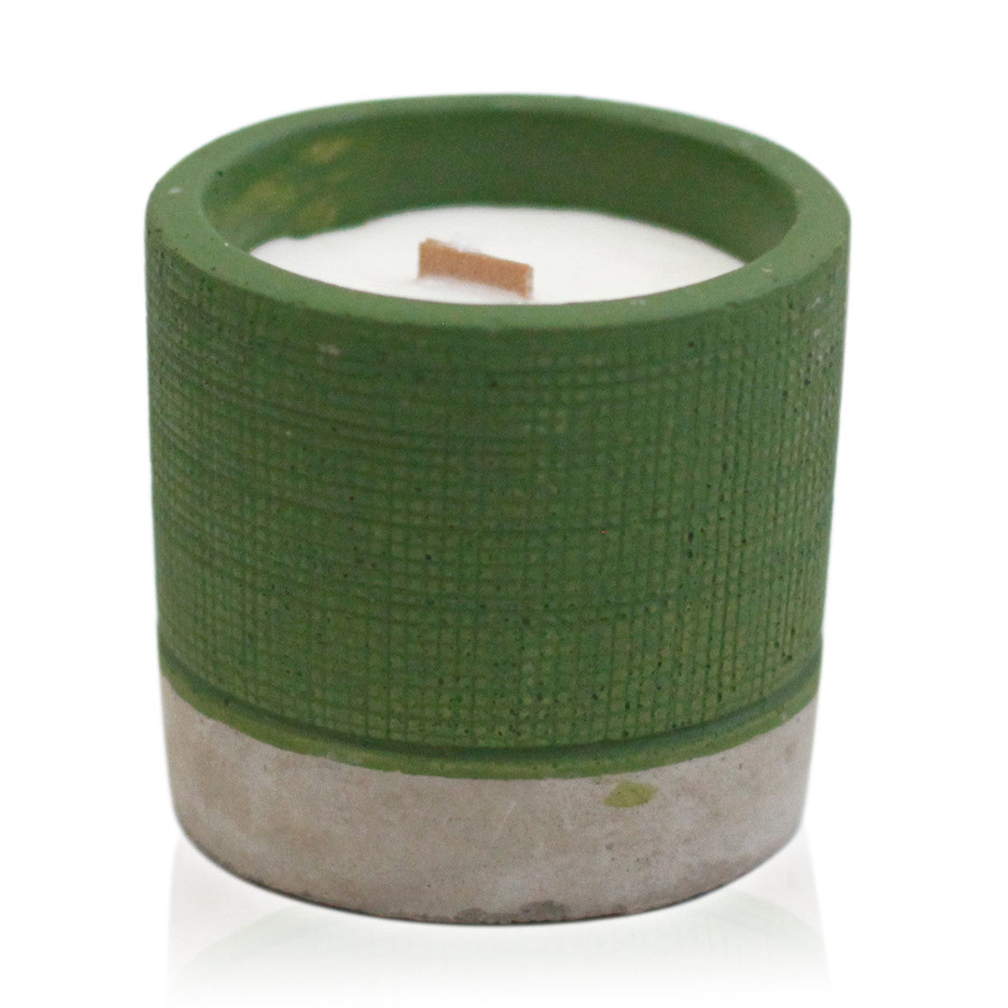 Concrete Wooden Wick Soy Candle Holder - Medium / Round / Green / Sea Moss and Herbs product packaging on clean background from Quintessential Holistic Health Ltd