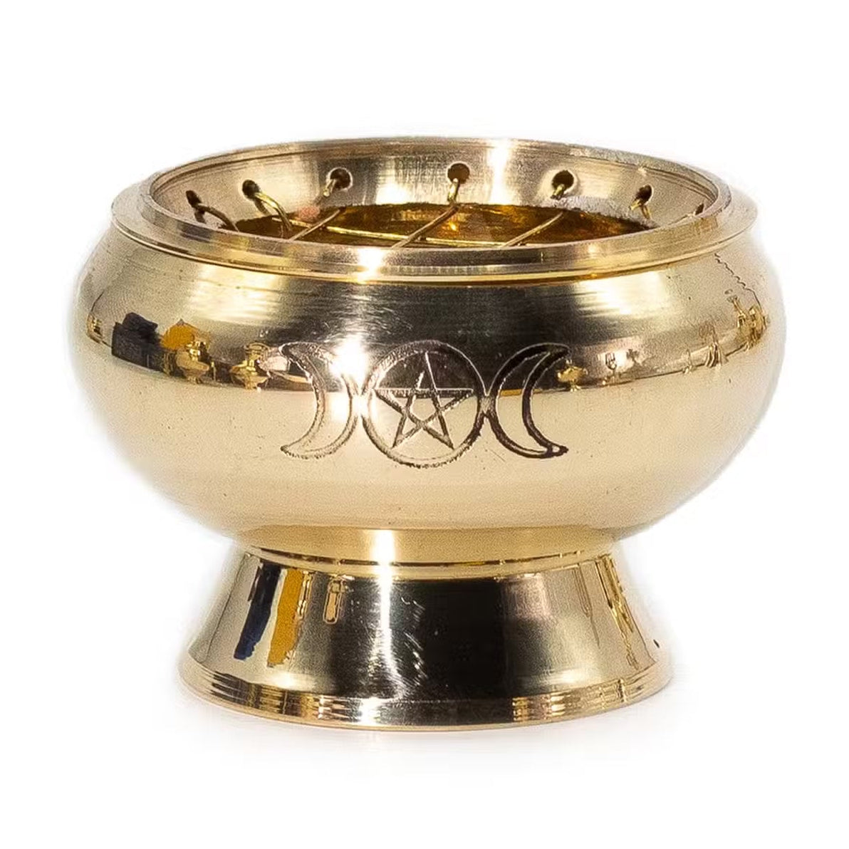 Handmade Brass Charcoal Incense Jar - Triple Moon and Pentagram