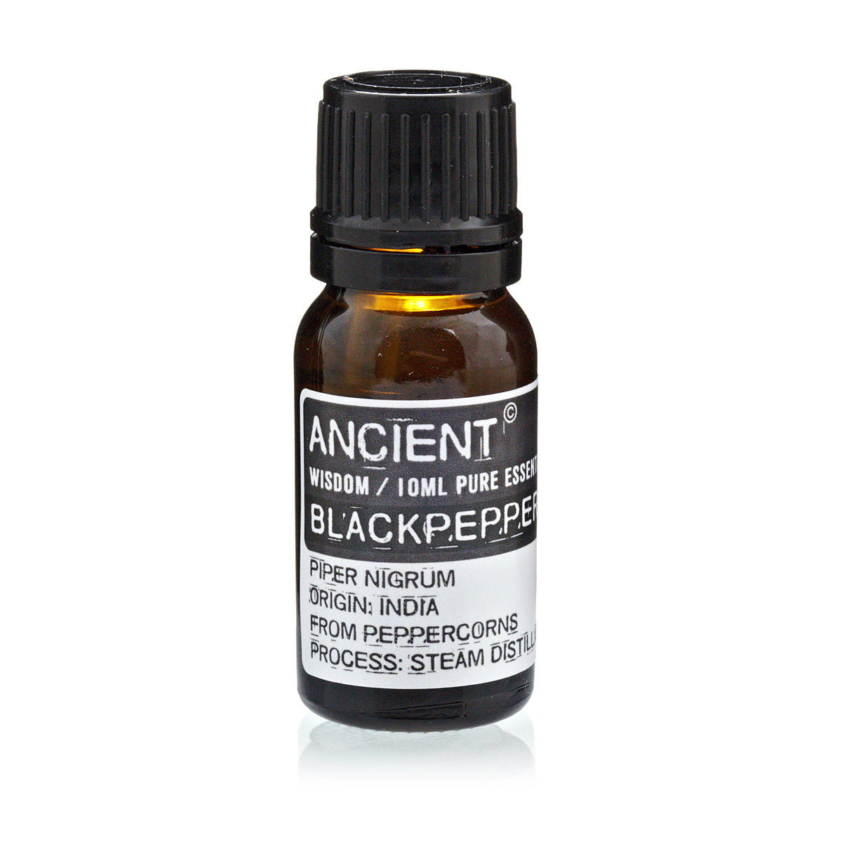 Black Pepper Essential Oil - 10ml, in an amber-brown bottle with a black ribbed cap and black label panel, by Quintessential Holistic Health Ltd