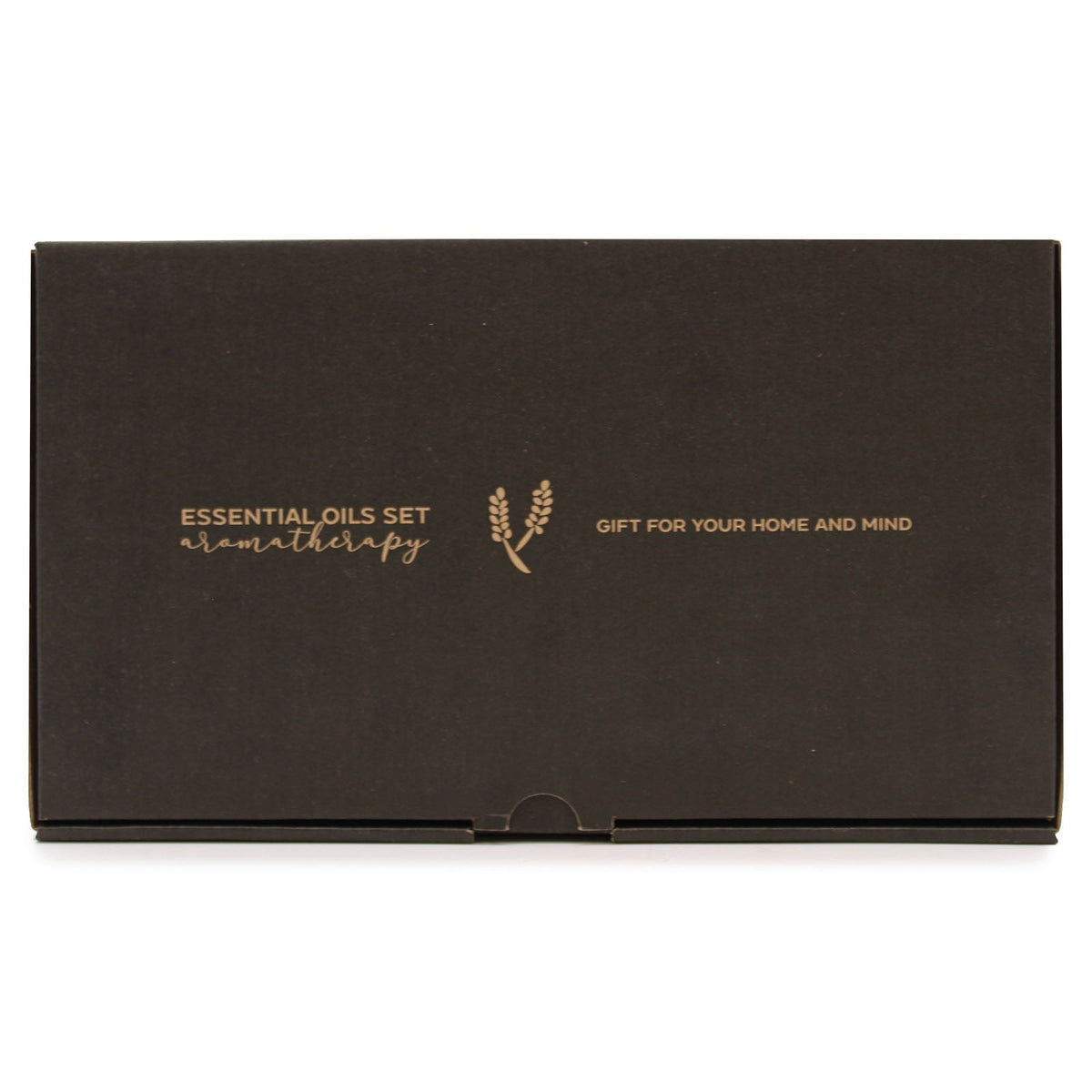 Vegan 100% Pure Aromatherapy Essential Oil Set - Spring, closed dark rectangular box with gold lettering viewed front-on by Quintessential Holistic Health Ltd