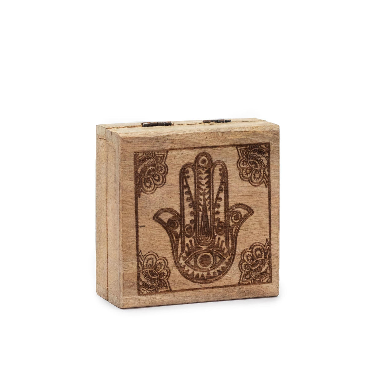Mango Wood Keepsake Box - Small - Square - Black - Hamsa, with a dark Hamsa hand and ornate corner patterns by Quintessential Holistic Health Ltd