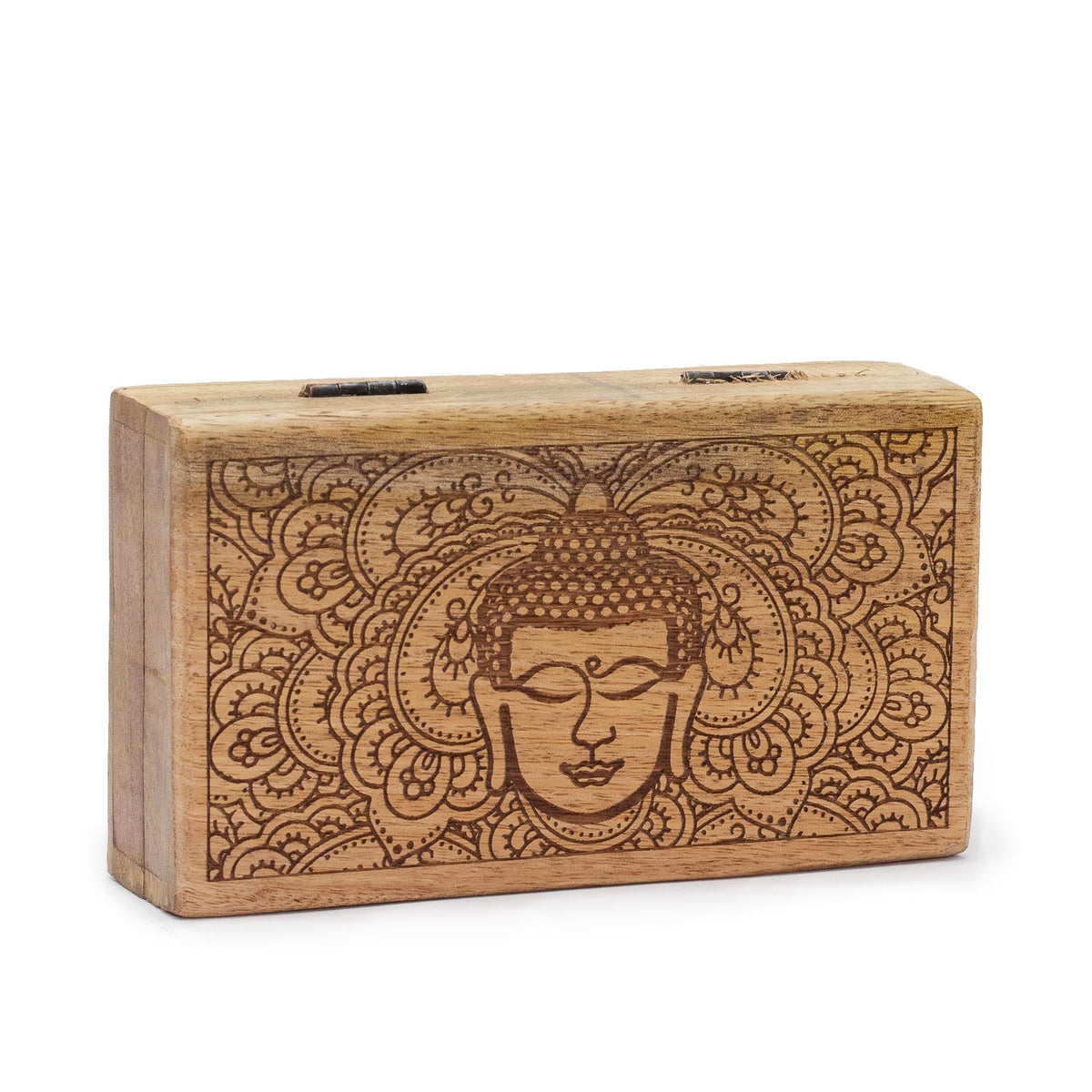 Mango Wood Keepsake Box - Medium Black Buddha Head, with a dark engraved Buddha face and ornate floral border by Quintessential Holistic Health Ltd