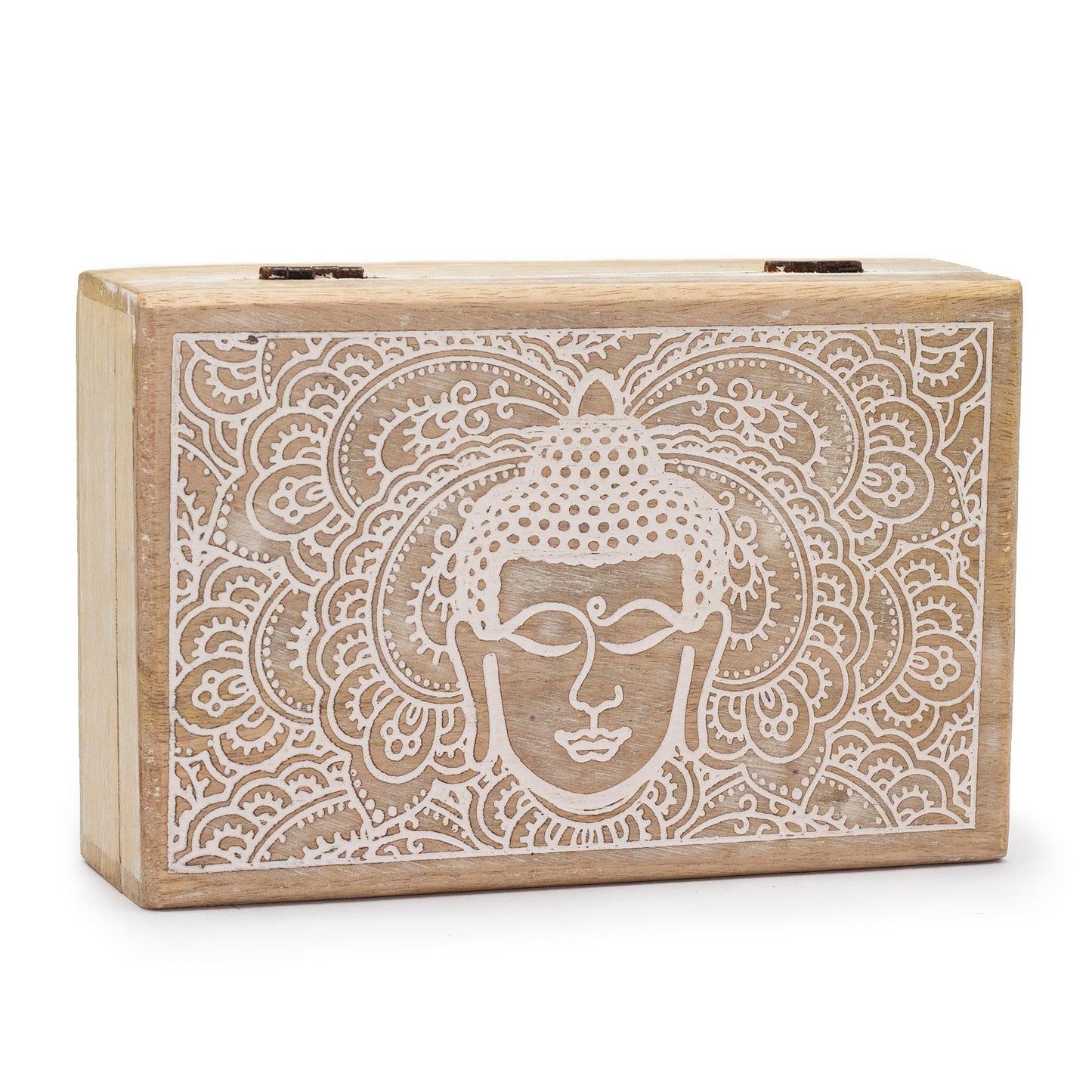 Mango Wood Keepsake Box - Large Rectangular Whitewash Buddha Head, closed with an ornate white Buddha head design by Quintessential Holistic Health Ltd