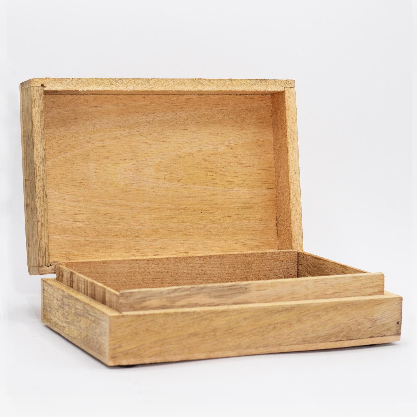 Mango Wood Keepsake Box - Large - Rectangular - Black - Buddha Head, open with a plain interior and raised lid by Quintessential Holistic Health Ltd