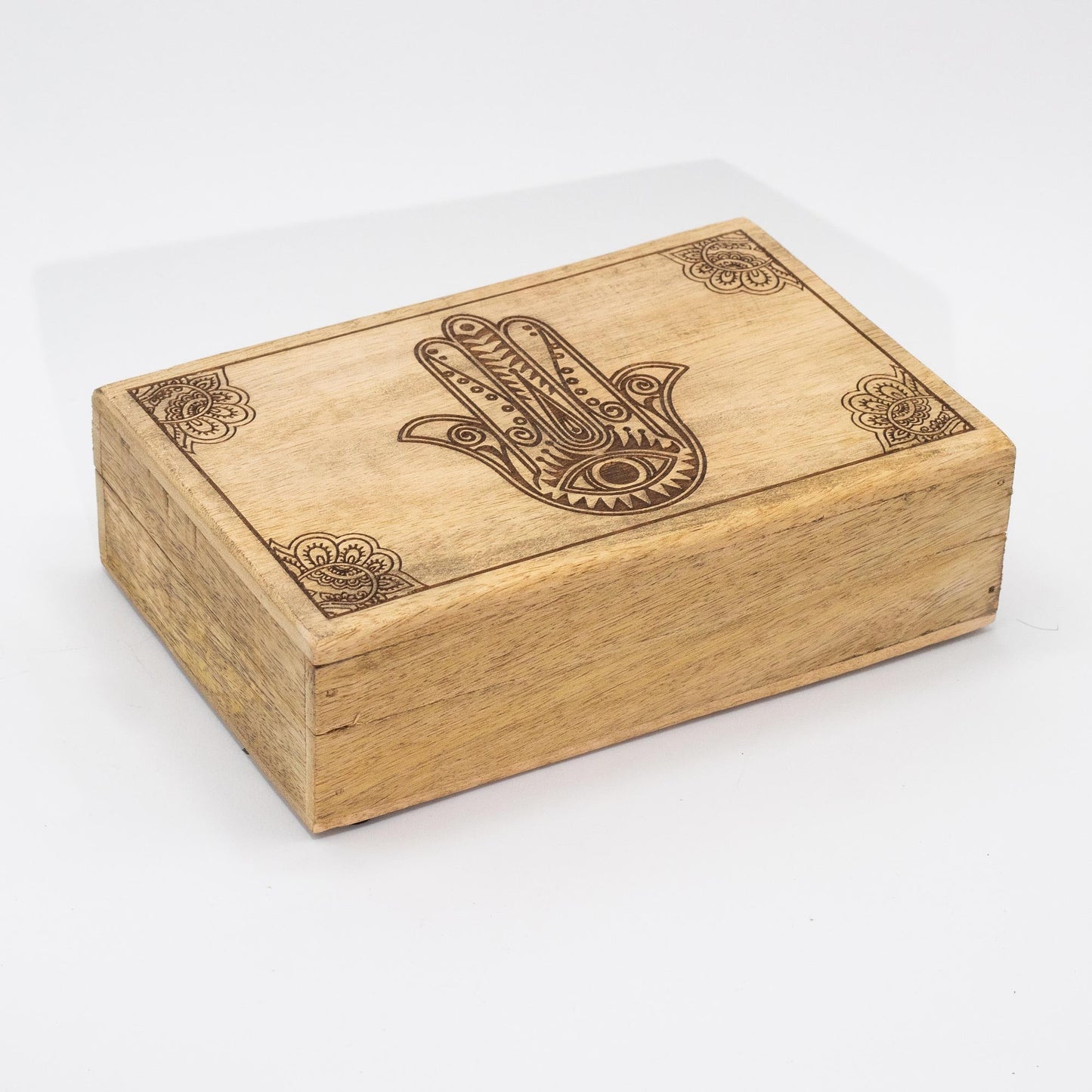 Mango Wood Keepsake Box - Large - Rectangular - Black - Hamsa, closed with the Hamsa lid viewed from above by Quintessential Holistic Health Ltd