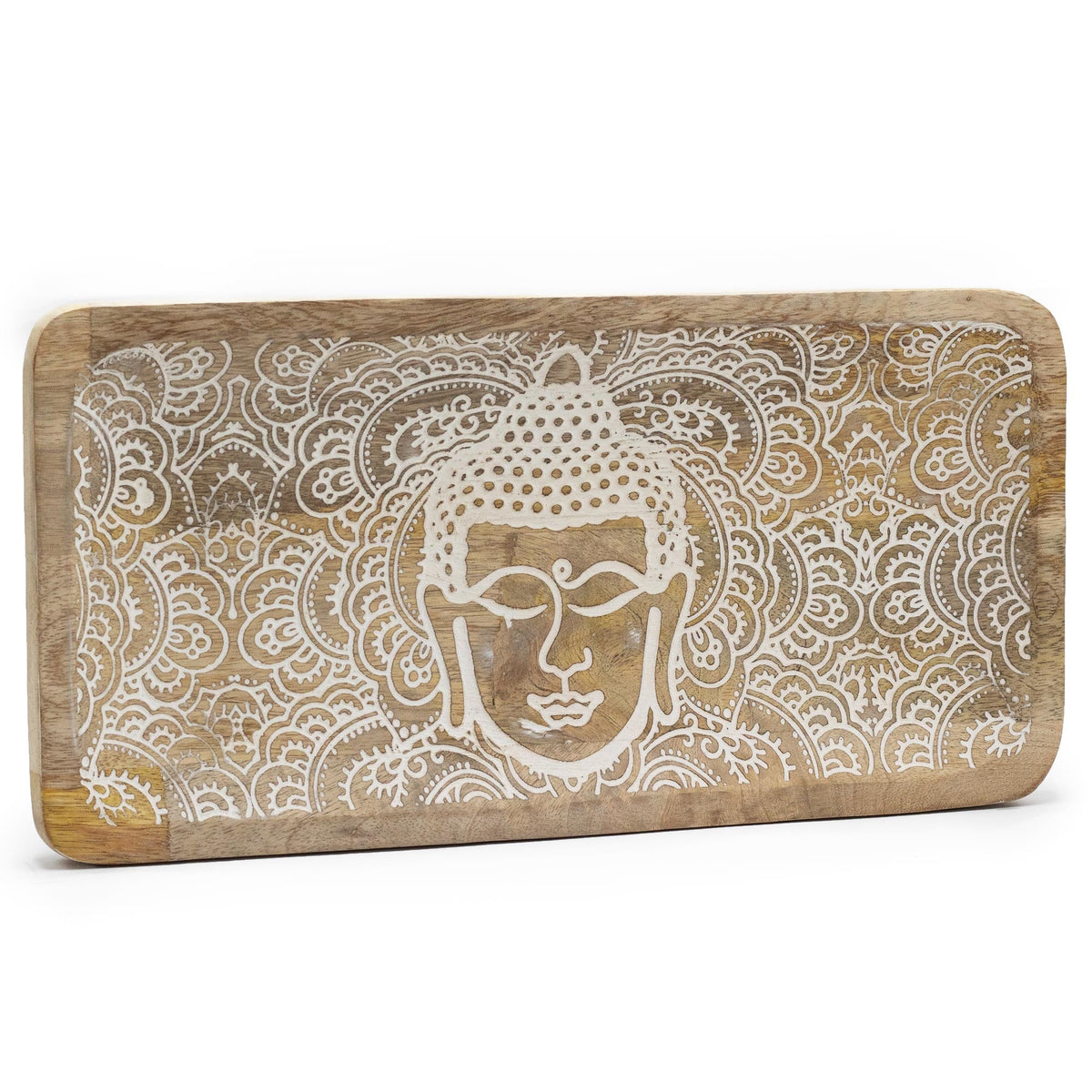 Mango Wood Tray - Whitewash Buddha Face, 30 × 15 cm, with a white Buddha face surrounded by ornate line patterns, by Quintessential Holistic Health Ltd