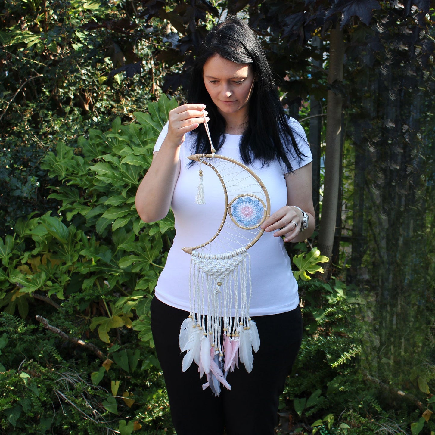 Handcrafted Macrame and Rattan Protection Dreamcatcher - Small / Moon / Random Colours product packaging on clean background from Quintessential Holistic Health Ltd