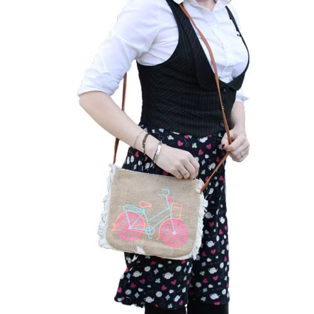 Soft Washed Eco-Friendly Jute Fringe Shoulder Handbags - Bicycle Design