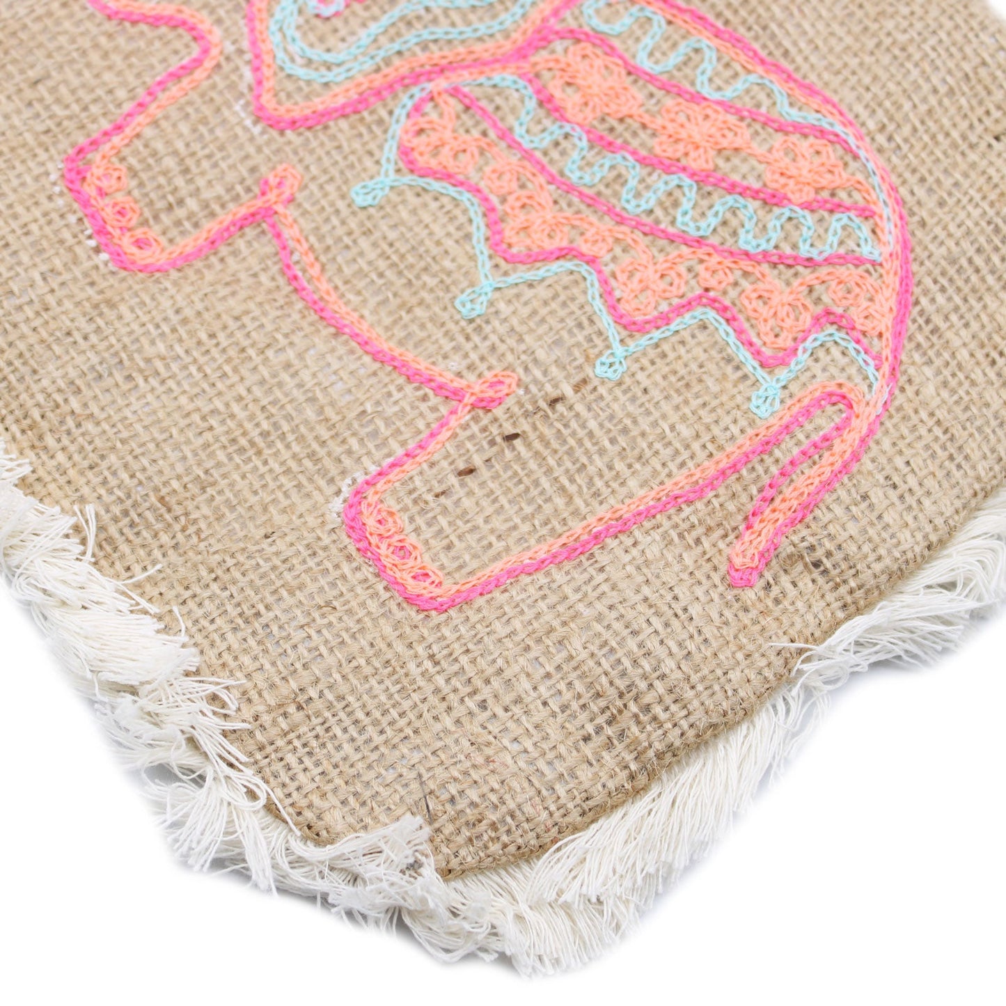 Soft Washed Eco-Friendly Jute Fringe Shoulder Handbags - Colourful Elephant product packaging on clean background from Quintessential Holistic Health Ltd