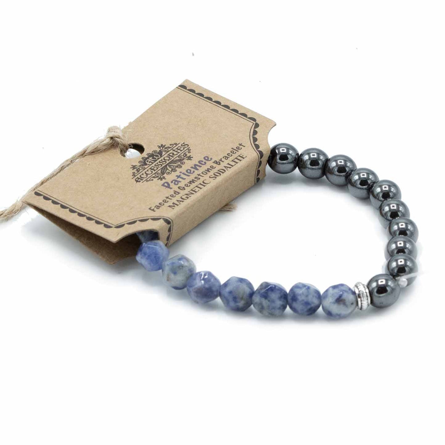 Faceted Gemstone Bracelet - Sodalite / Patience product packaging on clean background from Quintessential Holistic Health Ltd