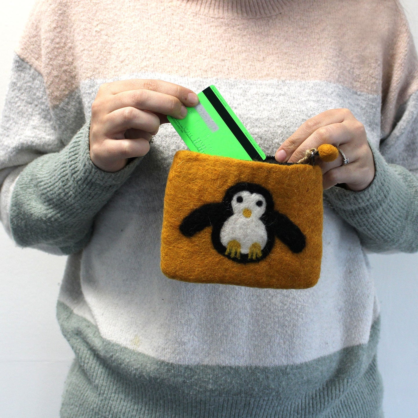 Handmade Natural Felt Purse or Pouch with Zip - Assorted Colours / Cute Penguin product packaging on clean background from Quintessential Holistic Health Ltd