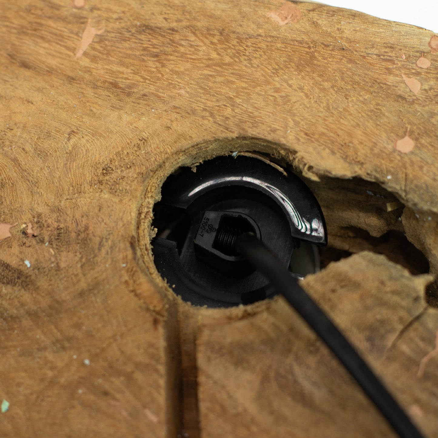 Natural Driftwood LED Glow Lamp - Crackled Half Moon Shade - Grey showing the recessed round cable fitting in the driftwood base by Quintessential Holistic Health Ltd