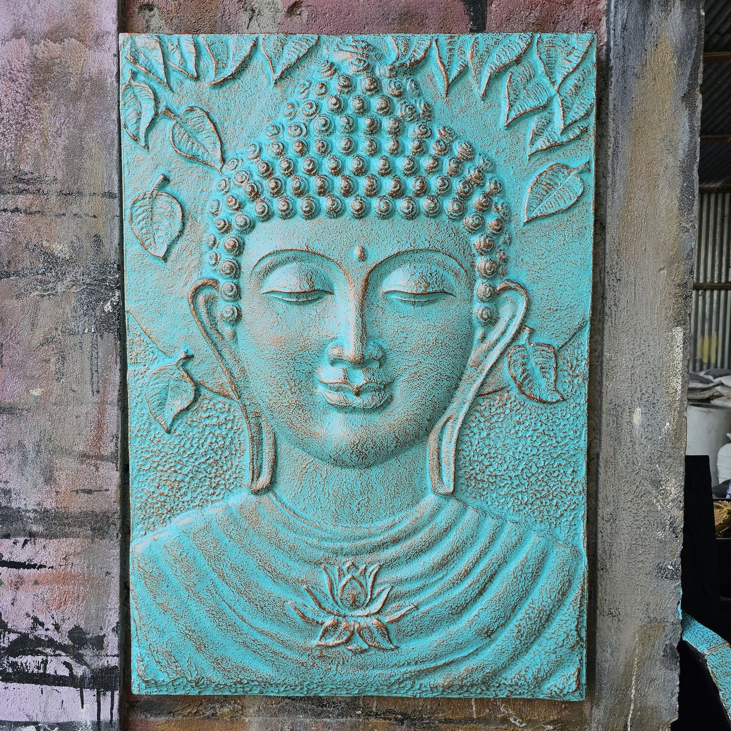 Handmade Concrete and Resin Buddha Wall Plaque - Turquoise and Gold product packaging on clean background from Quintessential Holistic Health Ltd