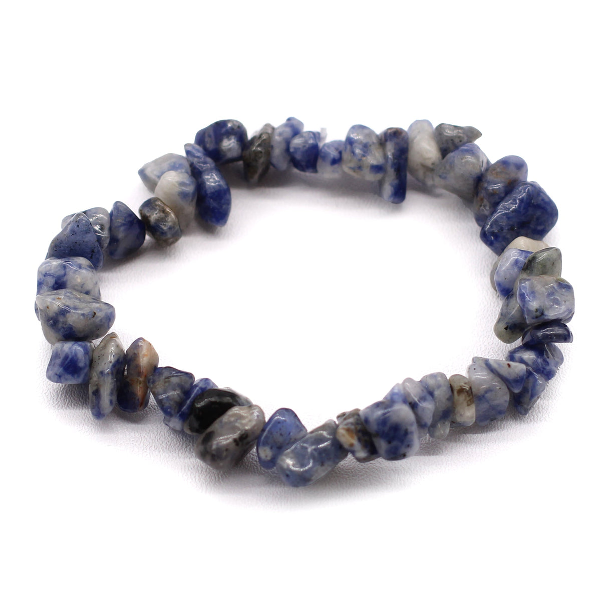Sandalwood Sodalite Gemstone Bracelet Bath Bomb, showing a bracelet of irregular blue, grey and white stones from Quintessential Holistic Health.