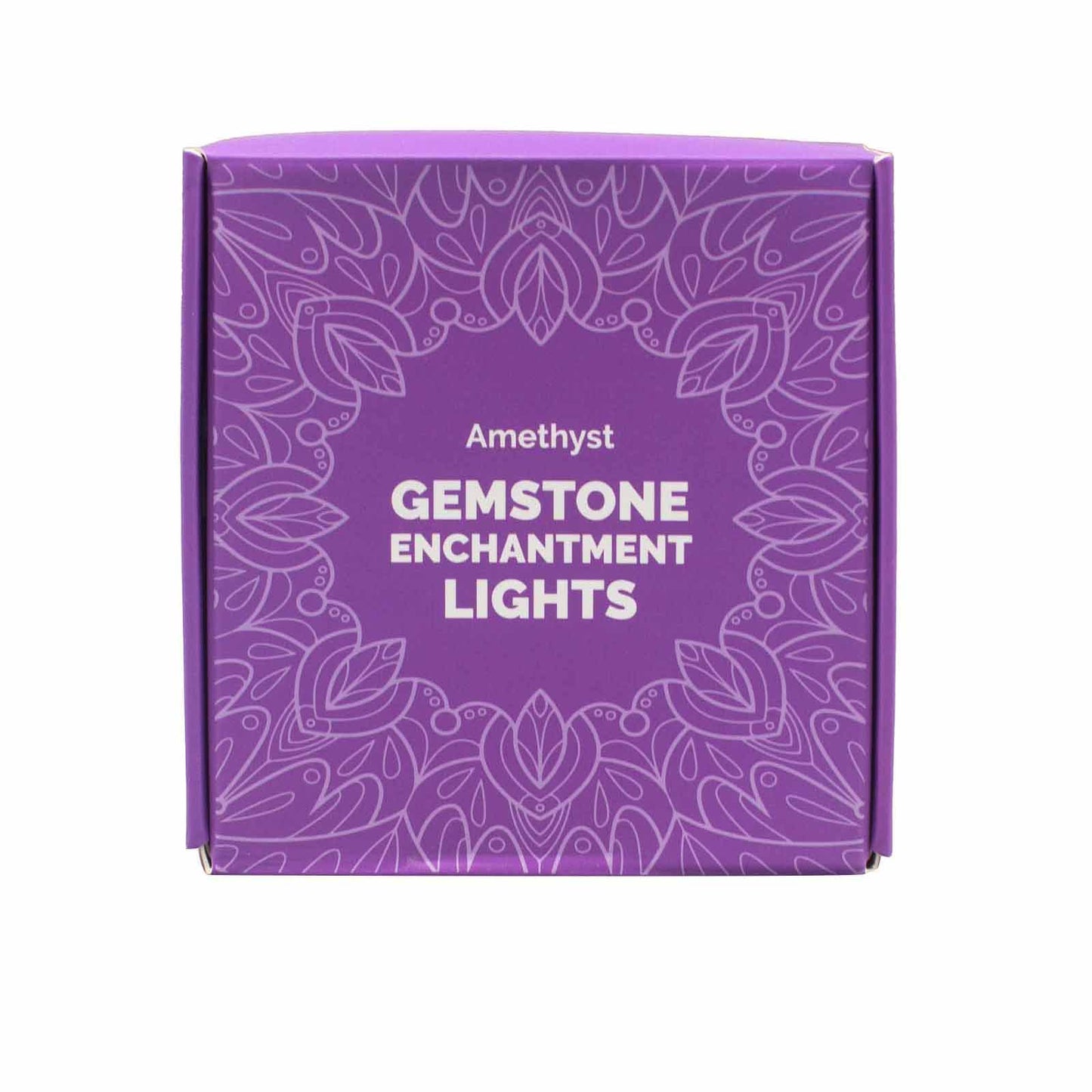 Gemstone Indoor Enchantment Lights - Amethyst shown in a closed purple box with floral line decoration by Quintessential Holistic Health Ltd